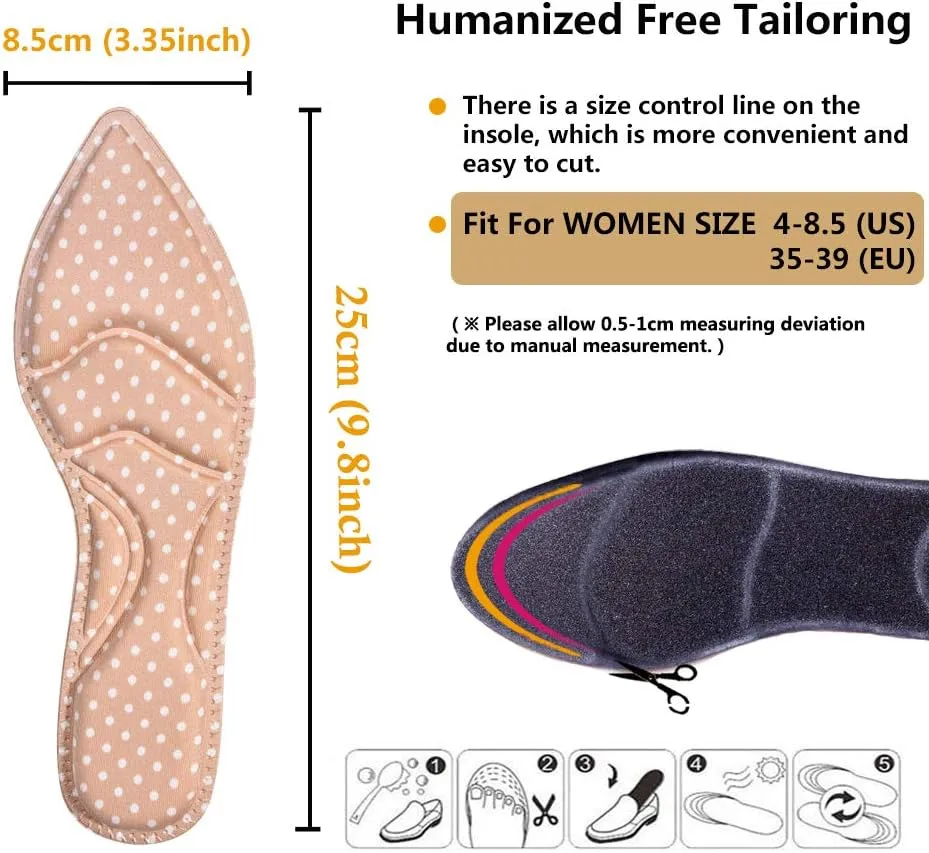 Shoe Inserts, Shoe Insoles Women, High Heel Insoles, (2 Pairs Beige) Shoe Cushion Inserts Breathable, 5D Sponge Barefoot Comfort Insoles, for Massaging, Arch Pain and Foot Pain Relieve