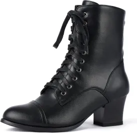 Short Ankle Boots Lace Up for Women Side Zipper Victorian Booties Block Chunky Mid Heel