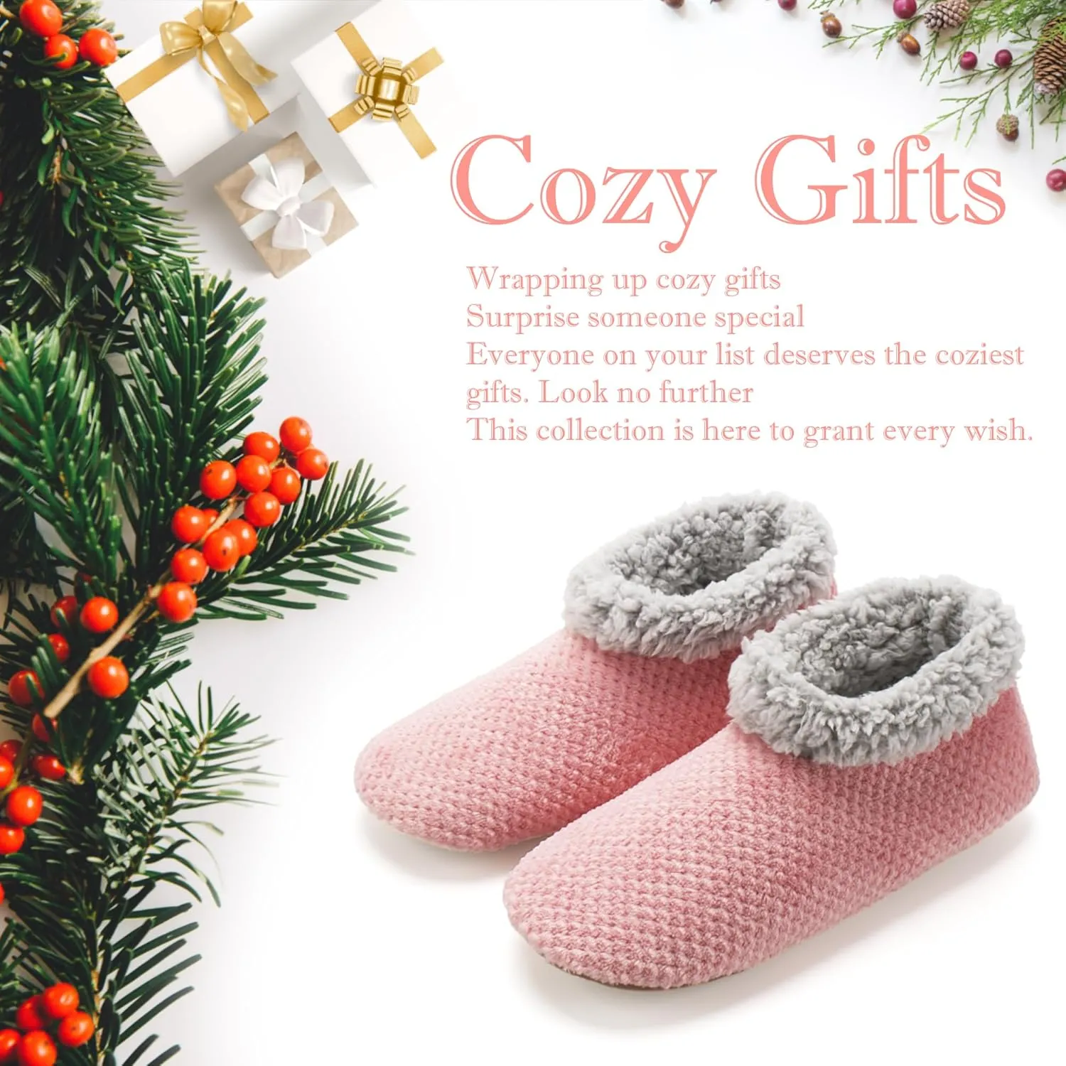 Soft Fuzzy Slippers for Women Indoor, Warm Furry House Sock Shoes Fluffy Lined, Bedroom Booties Non-Slip Gripper Soles, Winter Cozy Christmas Gifts