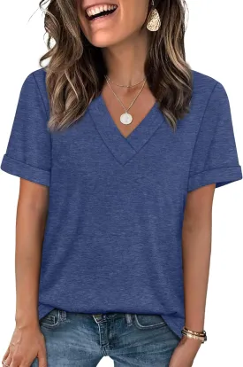 WIHOLL Womens Summer Tops Short Sleeve Basic Casual V Neck T Shirts Trendy Fashion 2025