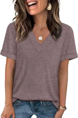 WIHOLL Womens Summer Tops Short Sleeve Basic Casual V Neck T Shirts Trendy Fashion 2025