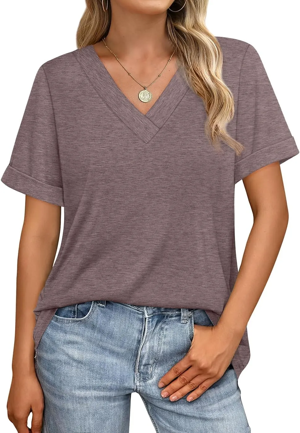 WIHOLL Womens Summer Tops Short Sleeve Basic Casual V Neck T Shirts Trendy Fashion 2025