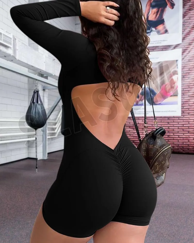 Women Long Sleeve Jumpsuit Zip Up Bodysuits Yoga Workout Unitards Bodycon One Piece Open Back Romper