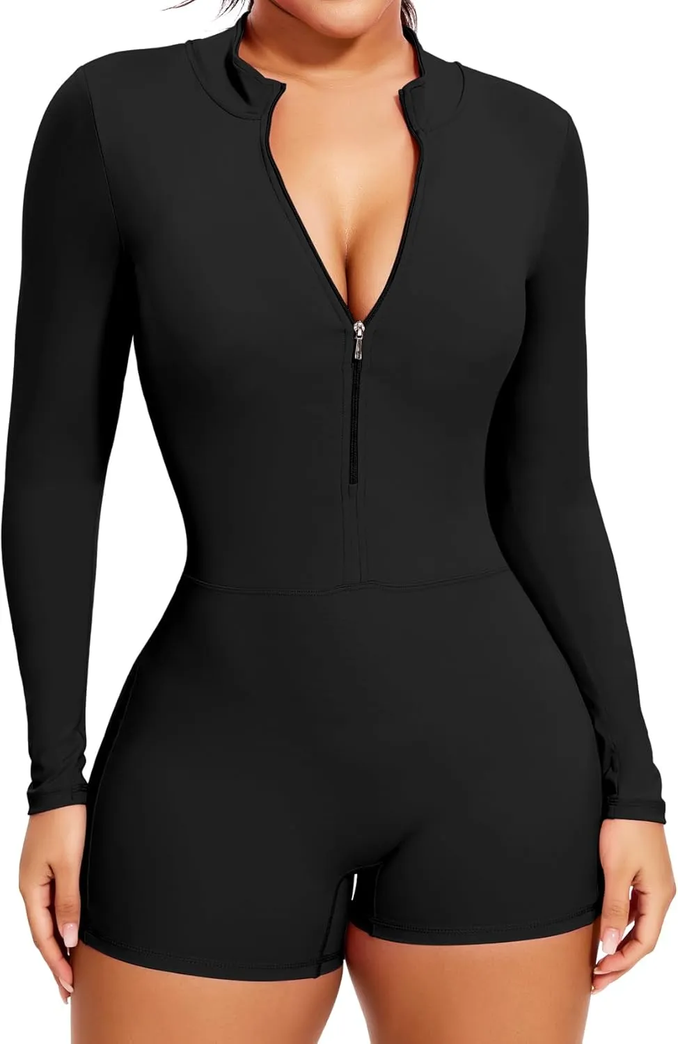 Women Long Sleeve Jumpsuit Zip Up Bodysuits Yoga Workout Unitards Bodycon One Piece Open Back Romper