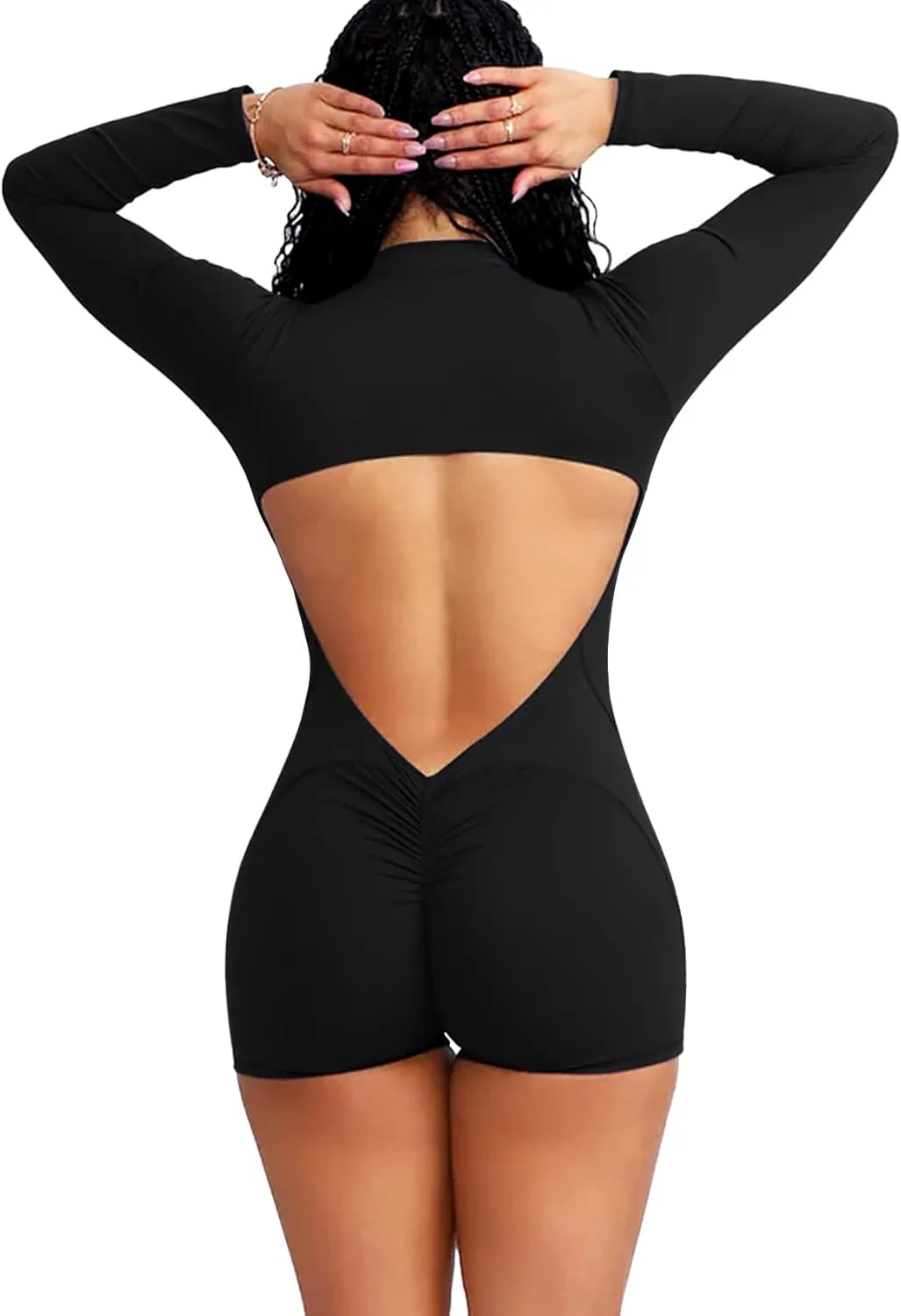 Women Long Sleeve Jumpsuit Zip Up Bodysuits Yoga Workout Unitards Bodycon One Piece Open Back Romper