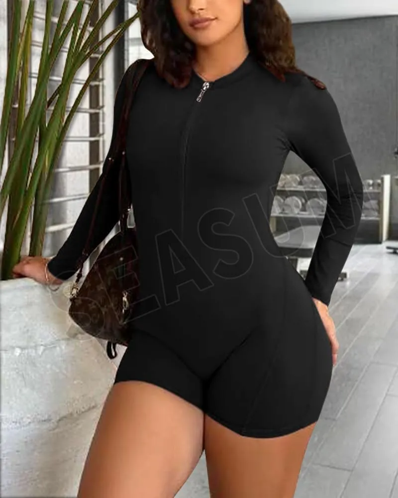 Women Long Sleeve Jumpsuit Zip Up Bodysuits Yoga Workout Unitards Bodycon One Piece Open Back Romper