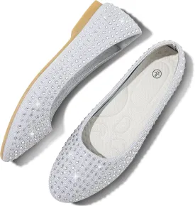 Women Rhinestone Ballet Flats Round Toe Sparkly Elegant Ballerina Flats Comfortable Light Weight Business Shoes Fashion Dress Wedding Shoes
