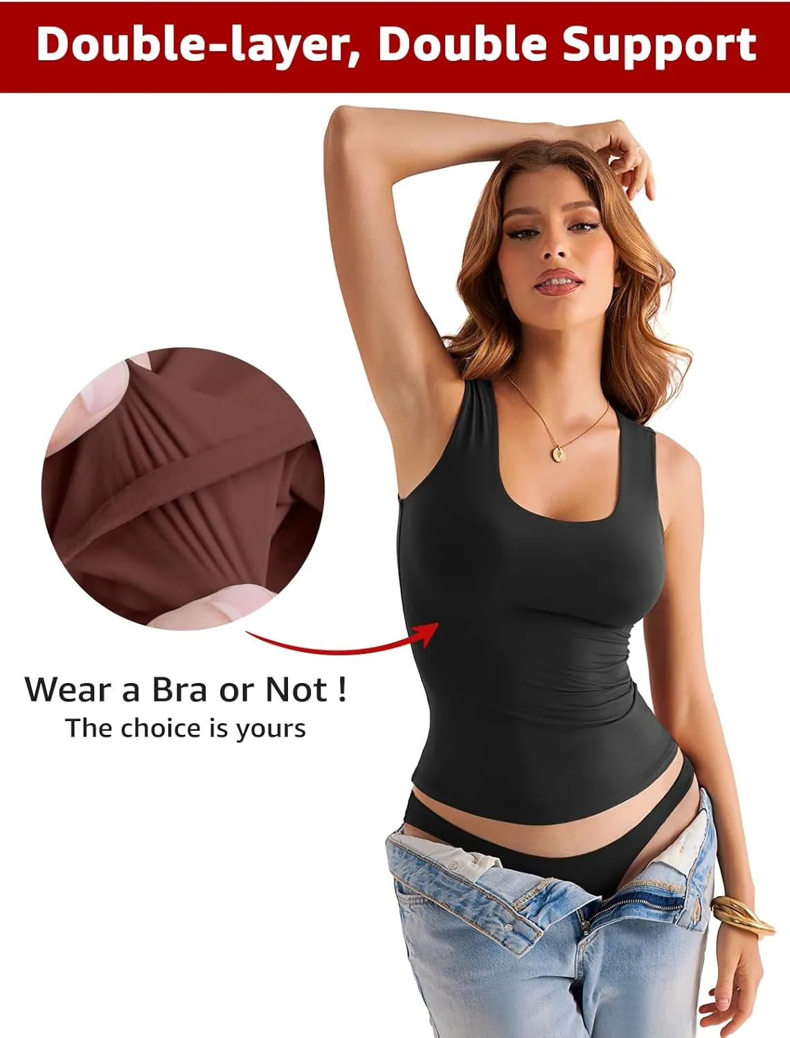 Womens Double Lined Scoop Neck Tank Tops Basic Slim Fit Sleeveless Shirts Y2K Summer Going Out Outfits
