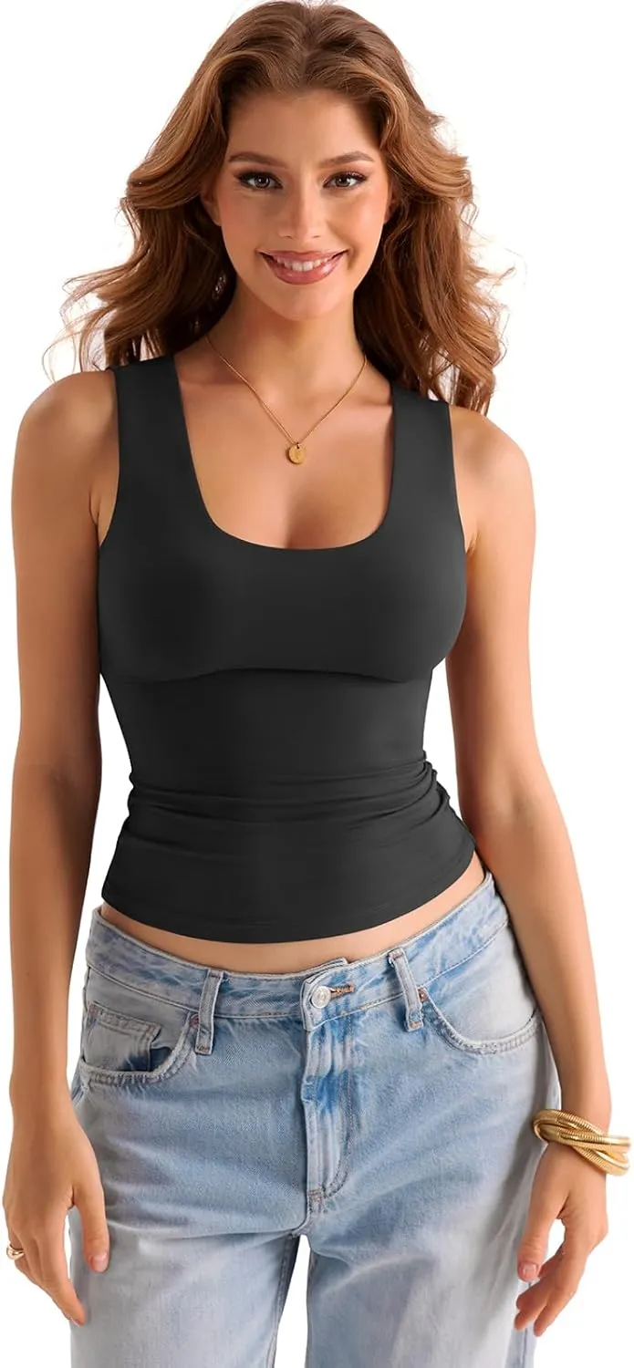 Womens Double Lined Scoop Neck Tank Tops Basic Slim Fit Sleeveless Shirts Y2K Summer Going Out Outfits