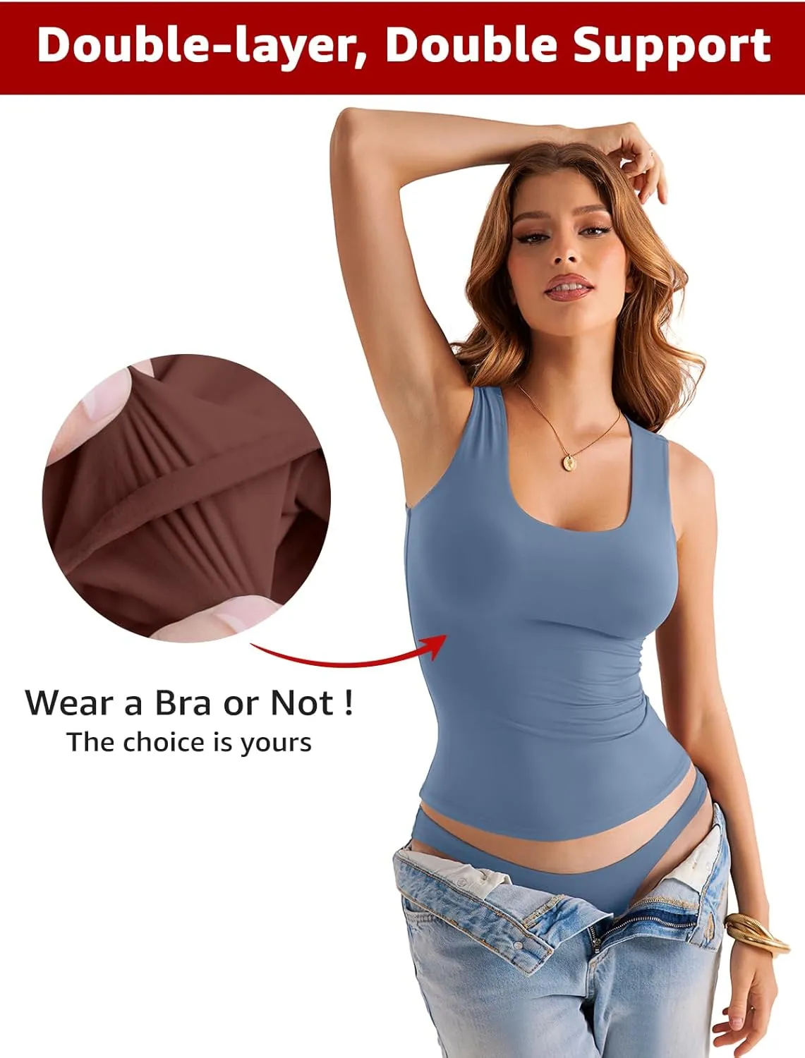 Womens Double Lined Scoop Neck Tank Tops Basic Slim Fit Sleeveless Shirts Y2K Summer Going Out Outfits