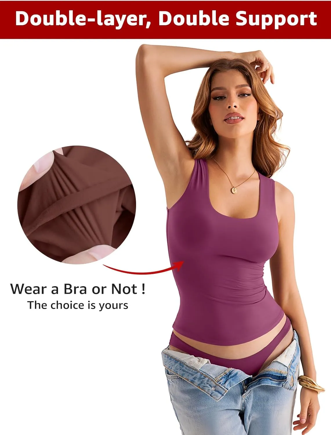 Womens Double Lined Scoop Neck Tank Tops Basic Slim Fit Sleeveless Shirts Y2K Summer Going Out Outfits
