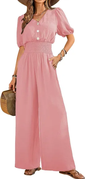 Womens Jumpsuits Short Sleeve V Neck Dressy Casual Wide Leg Pants Romper 2025 Summer One Piece Outfits