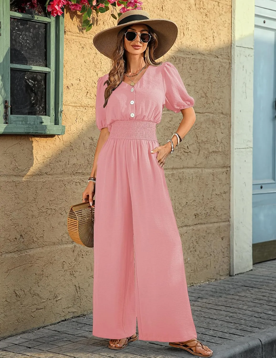 Womens Jumpsuits Short Sleeve V Neck Dressy Casual Wide Leg Pants Romper 2025 Summer One Piece Outfits