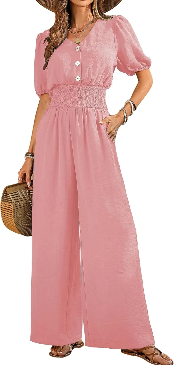 Womens Jumpsuits Short Sleeve V Neck Dressy Casual Wide Leg Pants Romper 2025 Summer One Piece Outfits