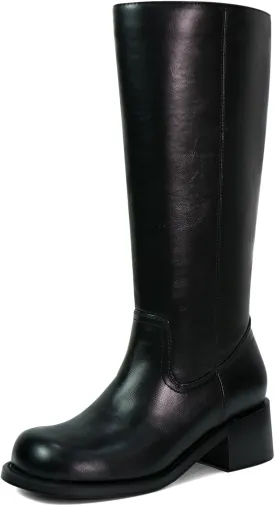Women's Knee High Boots Square Toe Chunky Block Heel Long Boots for Women Comfortable Low Heel Womens Boots