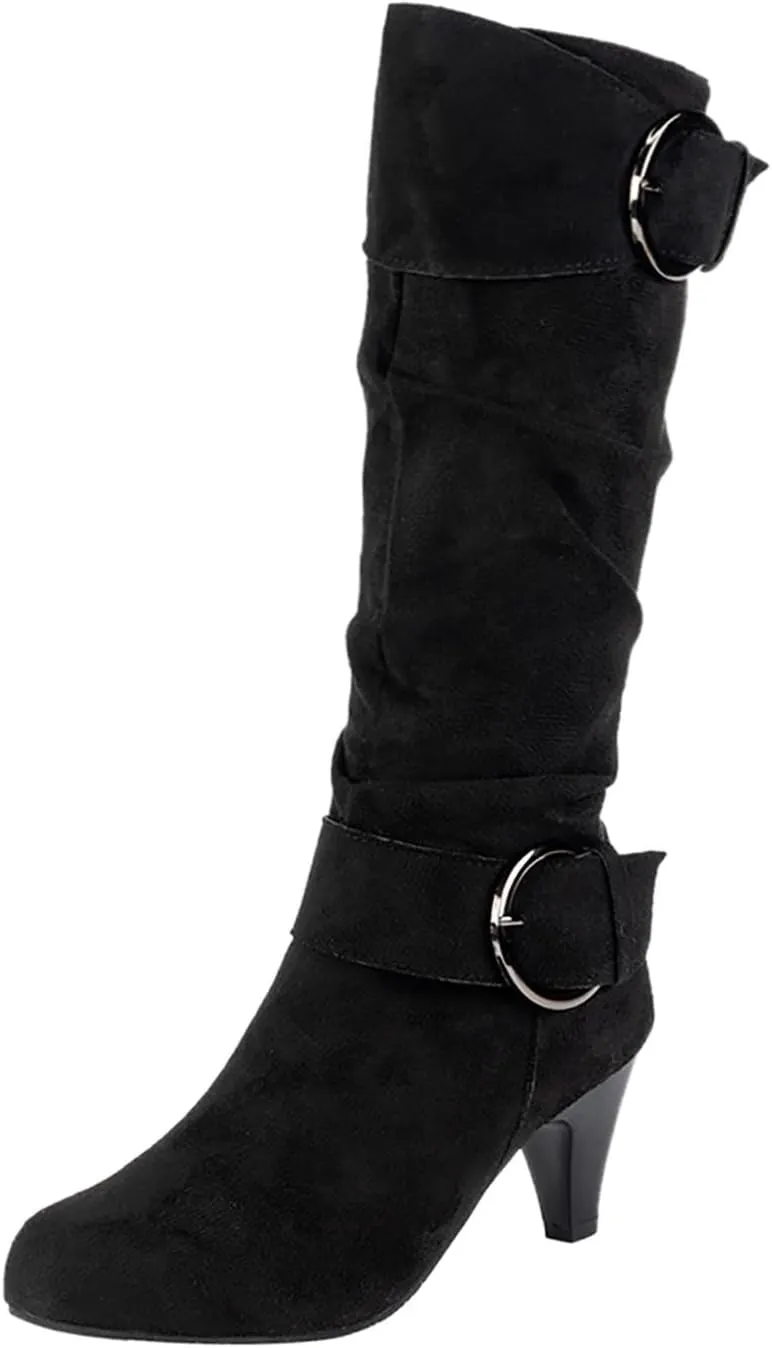 Women's Knee Length Boots Closed Round Toe Buckle Casual Long Tall Boots Comfortable Mid High Heels Dress Booties
