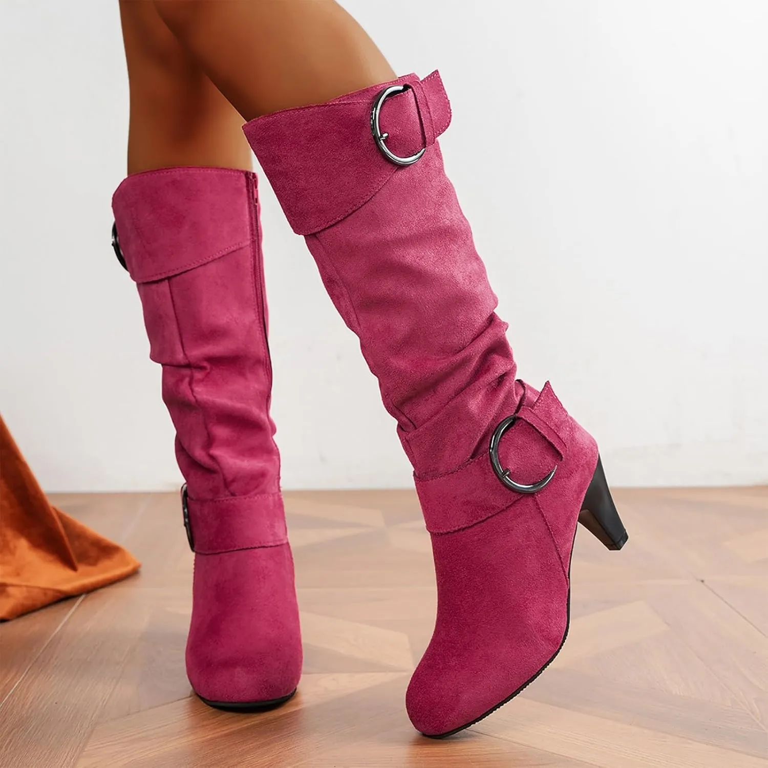 Women's Knee Length Boots Closed Round Toe Buckle Casual Long Tall Boots Comfortable Mid High Heels Dress Booties