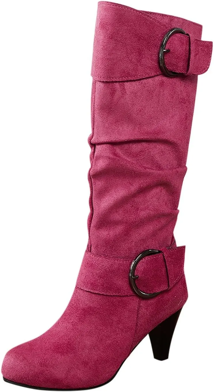 Women's Knee Length Boots Closed Round Toe Buckle Casual Long Tall Boots Comfortable Mid High Heels Dress Booties