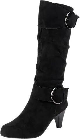 Women's Knee Length Boots Closed Round Toe Buckle Casual Long Tall Boots Comfortable Mid High Heels Dress Booties
