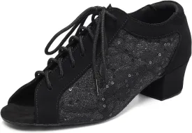 Women's Latin Dance Practice Shoes with Lace-up Peep Toe Ballroom Salsa Tango Dancing Shoes Low Heel
