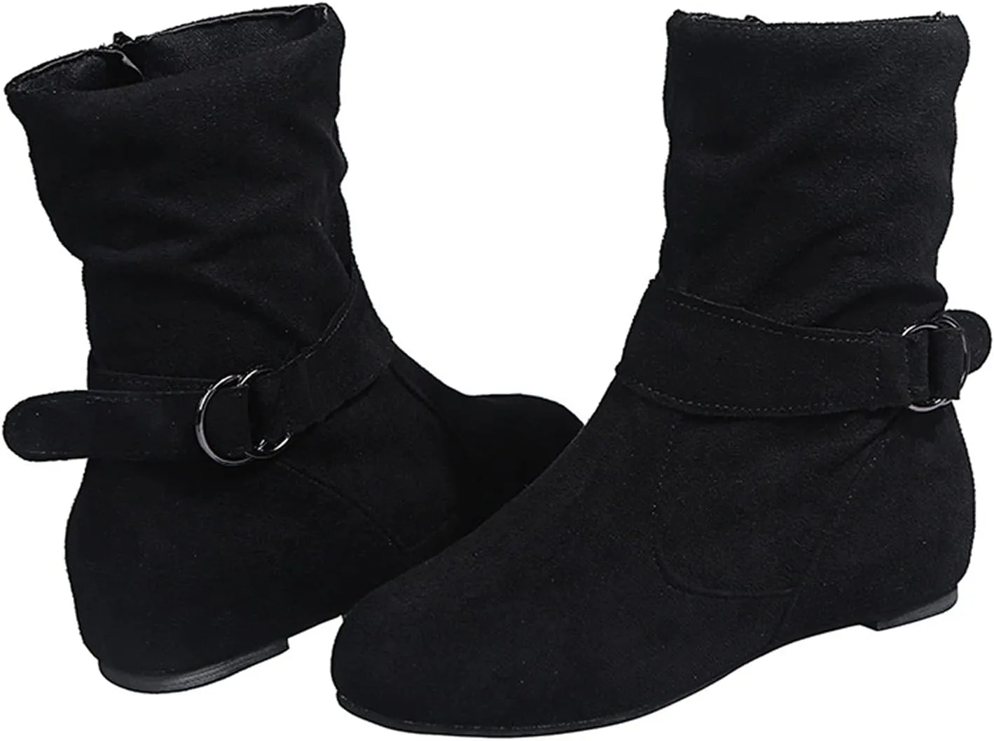 Women's Mid Calf Boots Round Toe Wide Calf Slouchy Boots Flat Heel Comfortable Shoes with Side Zipper Buckle Strap
