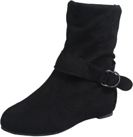 Women's Mid Calf Boots Round Toe Wide Calf Slouchy Boots Flat Heel Comfortable Shoes with Side Zipper Buckle Strap