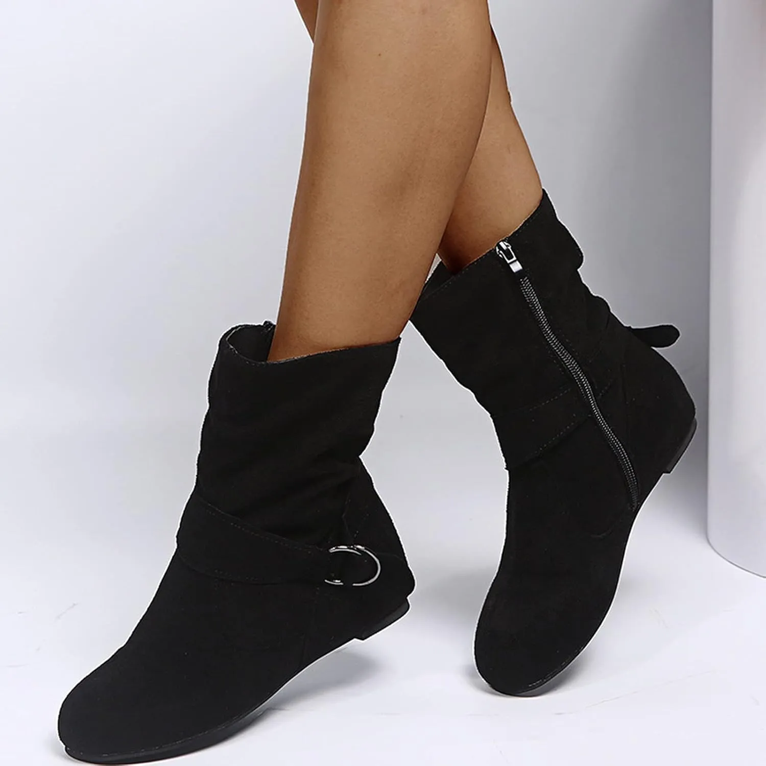Women's Mid Calf Boots Round Toe Wide Calf Slouchy Boots Flat Heel Comfortable Shoes with Side Zipper Buckle Strap