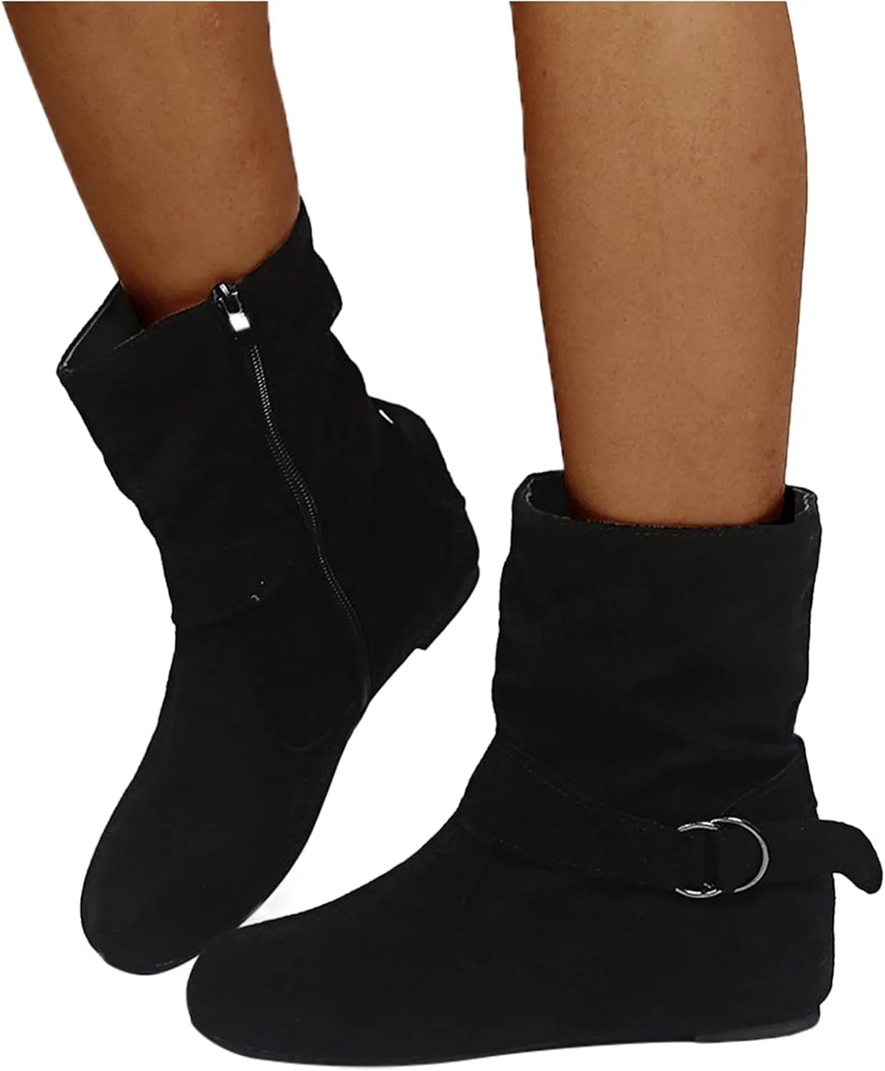 Women's Mid Calf Boots Round Toe Wide Calf Slouchy Boots Flat Heel Comfortable Shoes with Side Zipper Buckle Strap