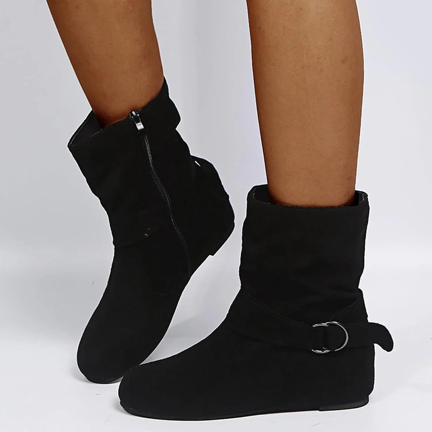 Women's Mid Calf Boots Round Toe Wide Calf Slouchy Boots Flat Heel Comfortable Shoes with Side Zipper Buckle Strap
