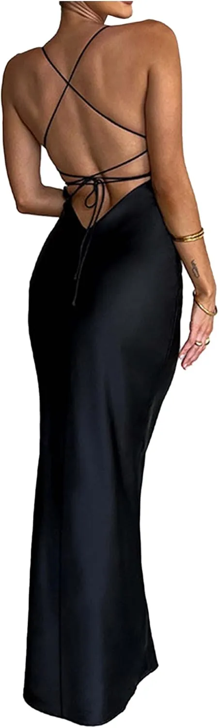 xxxiticat Women's Slip Maxi Dress Sleeveless Open Back Backless Lace Up Bandage Criss Cross Mermaid Satin Party Dress