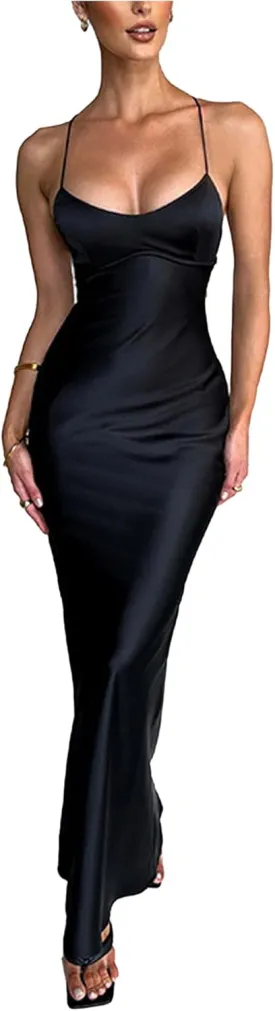 xxxiticat Women's Slip Maxi Dress Sleeveless Open Back Backless Lace Up Bandage Criss Cross Mermaid Satin Party Dress