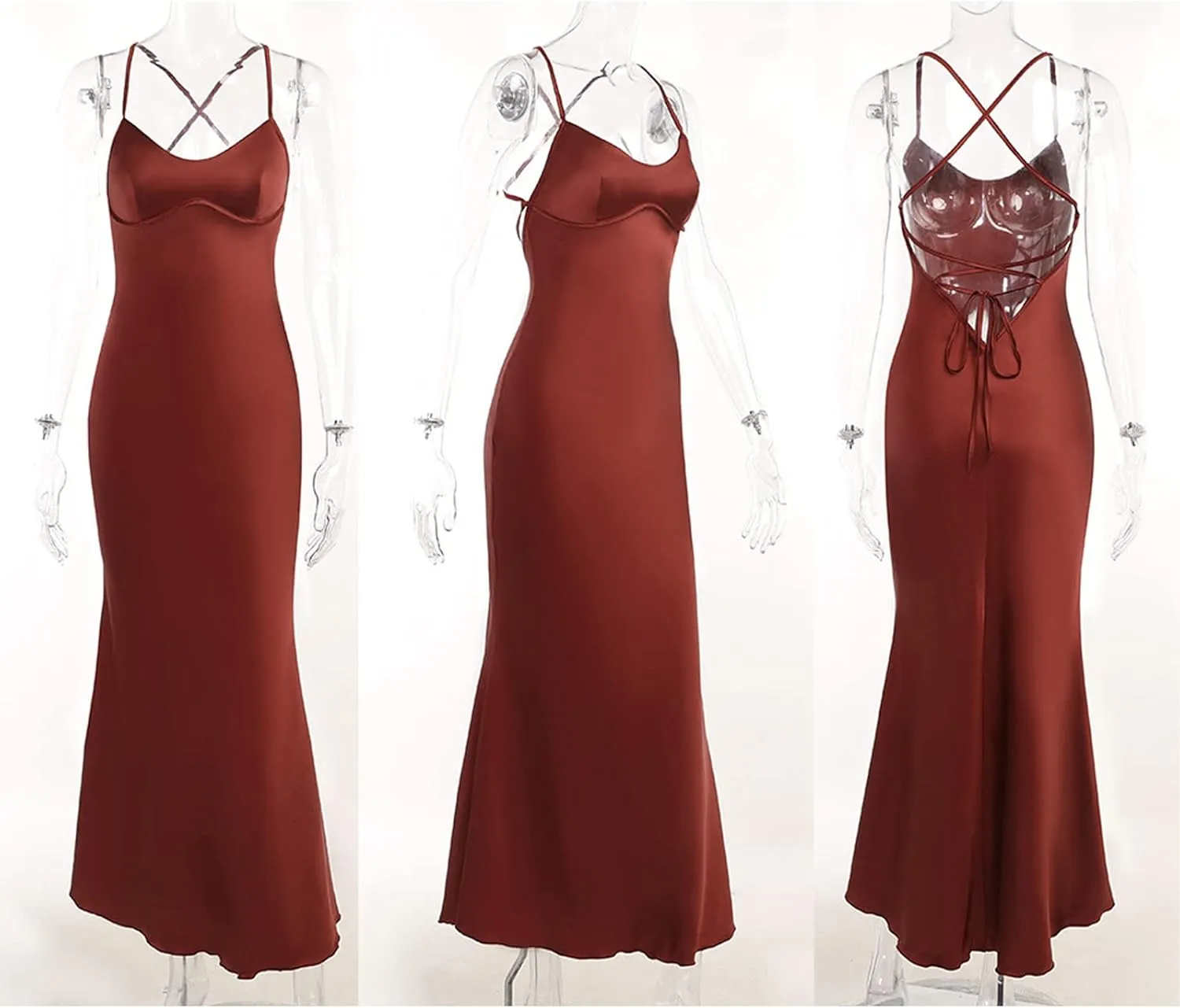 xxxiticat Women's Slip Maxi Dress Sleeveless Open Back Backless Lace Up Bandage Criss Cross Mermaid Satin Party Dress