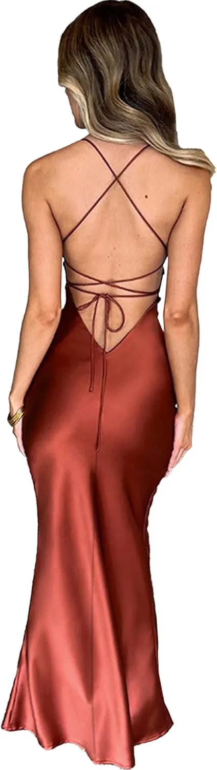 xxxiticat Women's Slip Maxi Dress Sleeveless Open Back Backless Lace Up Bandage Criss Cross Mermaid Satin Party Dress