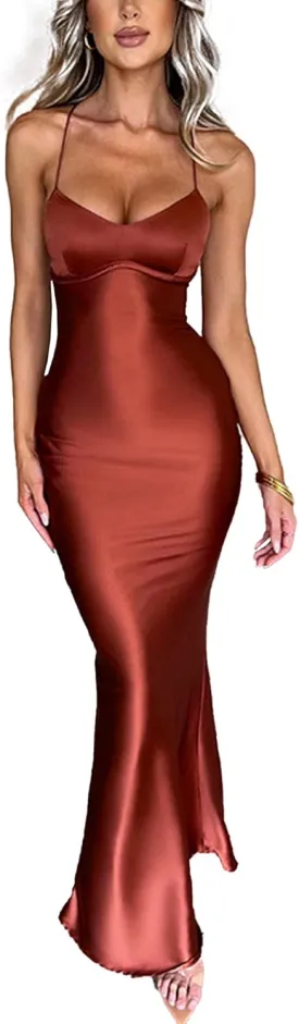 xxxiticat Women's Slip Maxi Dress Sleeveless Open Back Backless Lace Up Bandage Criss Cross Mermaid Satin Party Dress