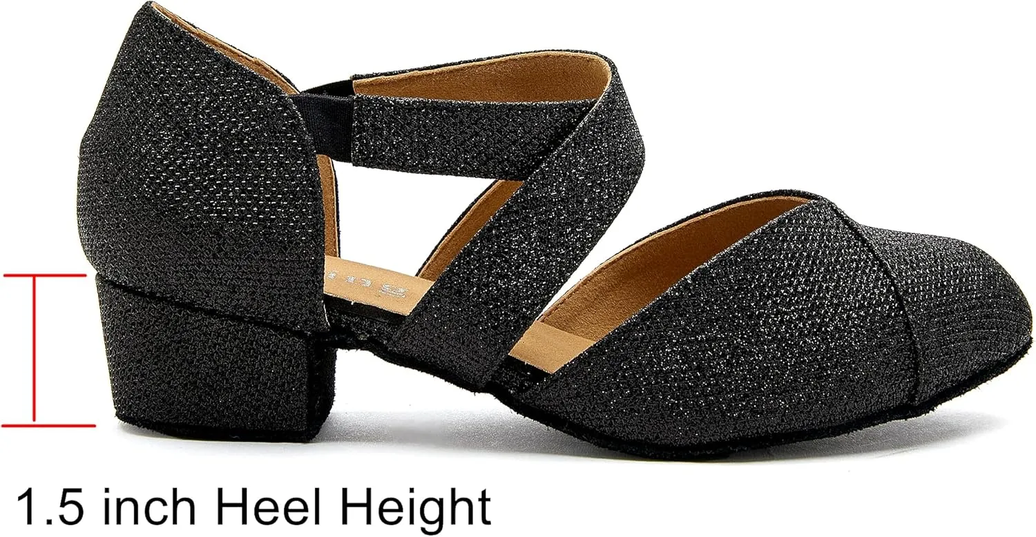 YYTing Women Swing Latin Ballroom Dance Shoes (Closed Toe, Suede Sole, Elastic Closure) 1.5 inch Heel YT26